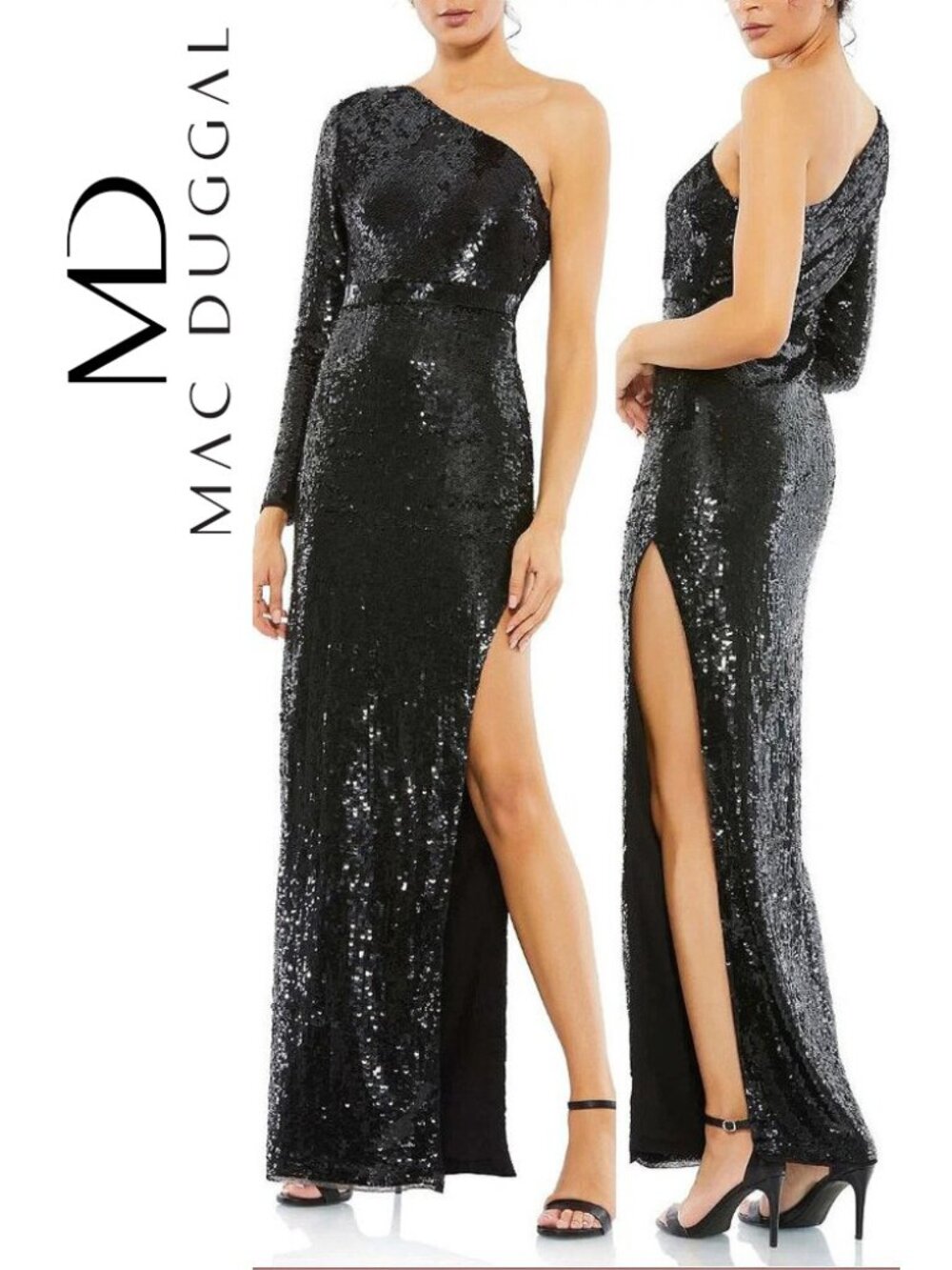 💥BOMBSHELL!💥Mac Duggal 1920s Vibe One Shoulder Column Gown in Black Sequin